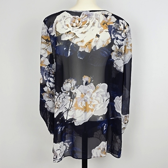 LAURA Women's Semi Sheer Blouse Top Blue Large White Floral Print Flowy Size XL - Picture 2 of 15
